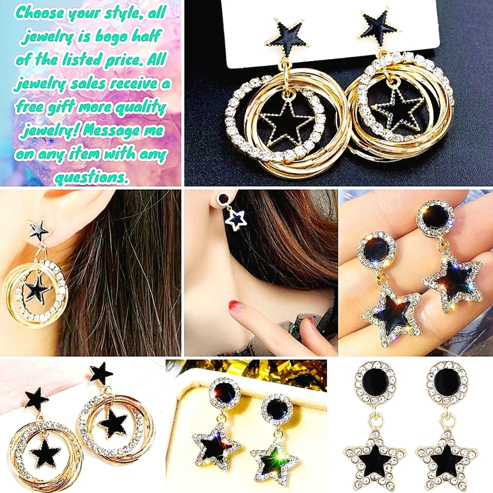Gold plated crystal black star drop earrings with silver post choose your style